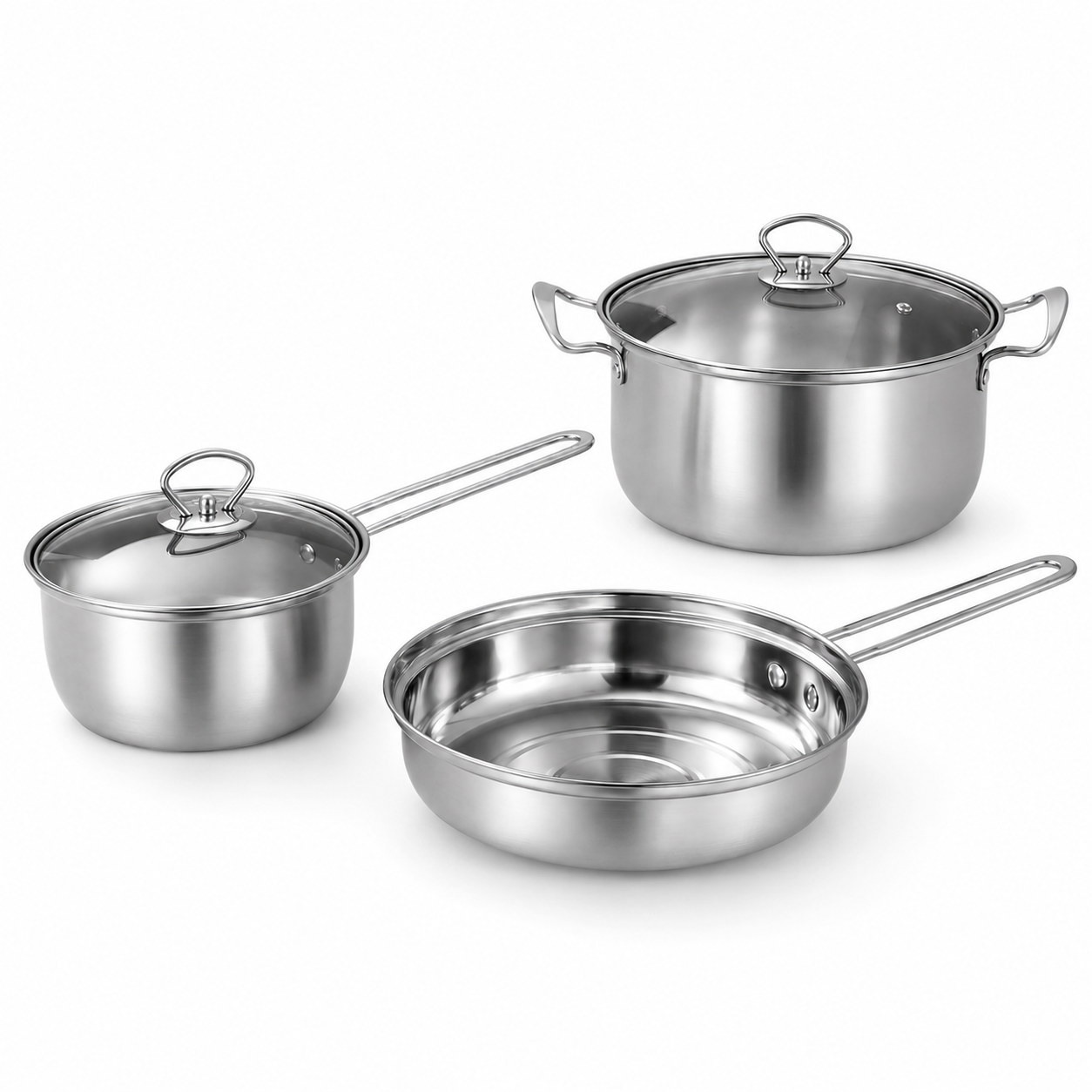 Set de cocina 3 piezas acero inoxidable Yeray — olla, cacerola y sartén, caja de regalo roja.