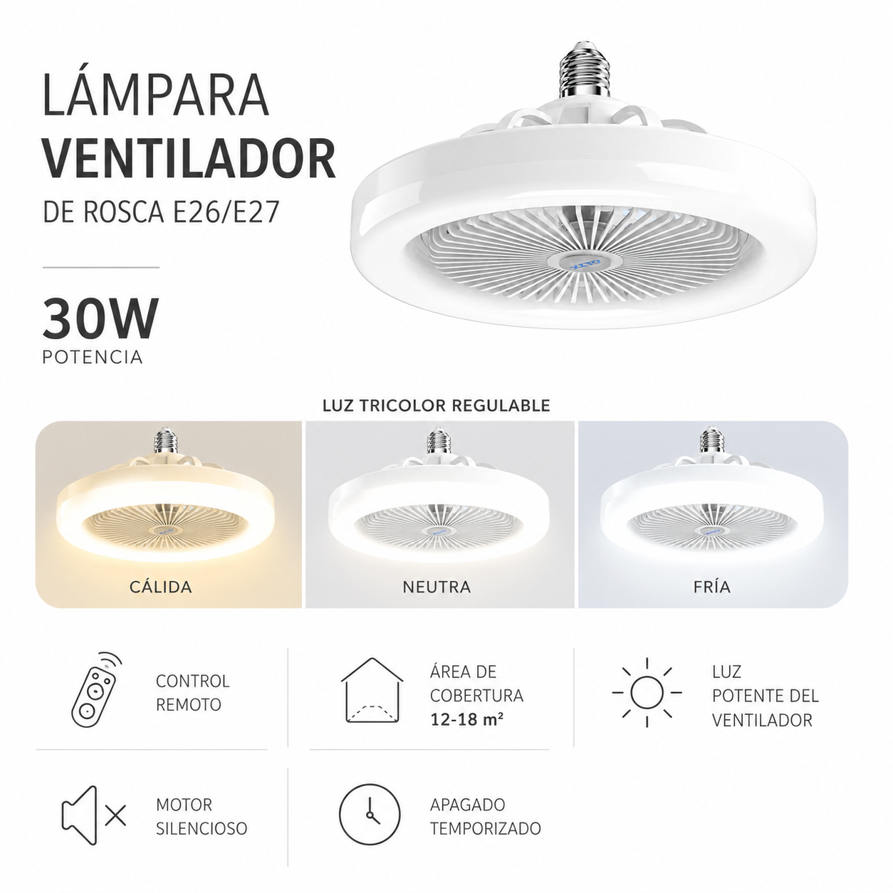 Ventilador de techo con luz LED E27 Dionisio — 30W, triple color, control remoto, 26 cm.