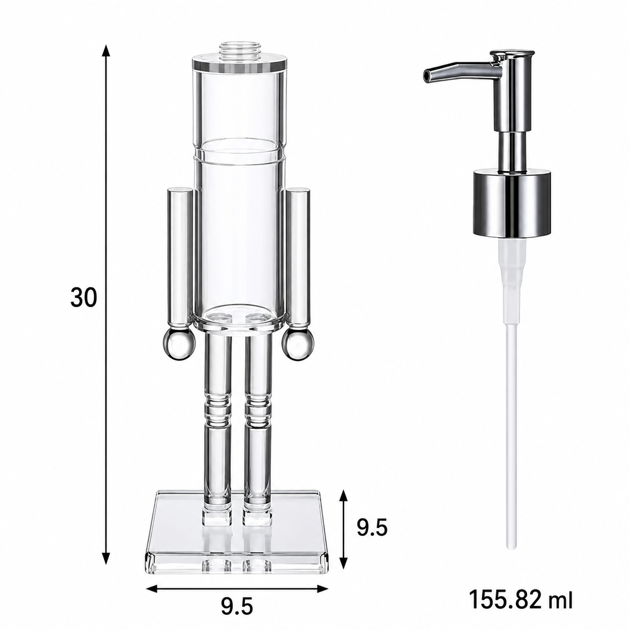 Dispensador de jabón figura humana acrílico Inti — 30 cm, bomba plateada, 155 ml.