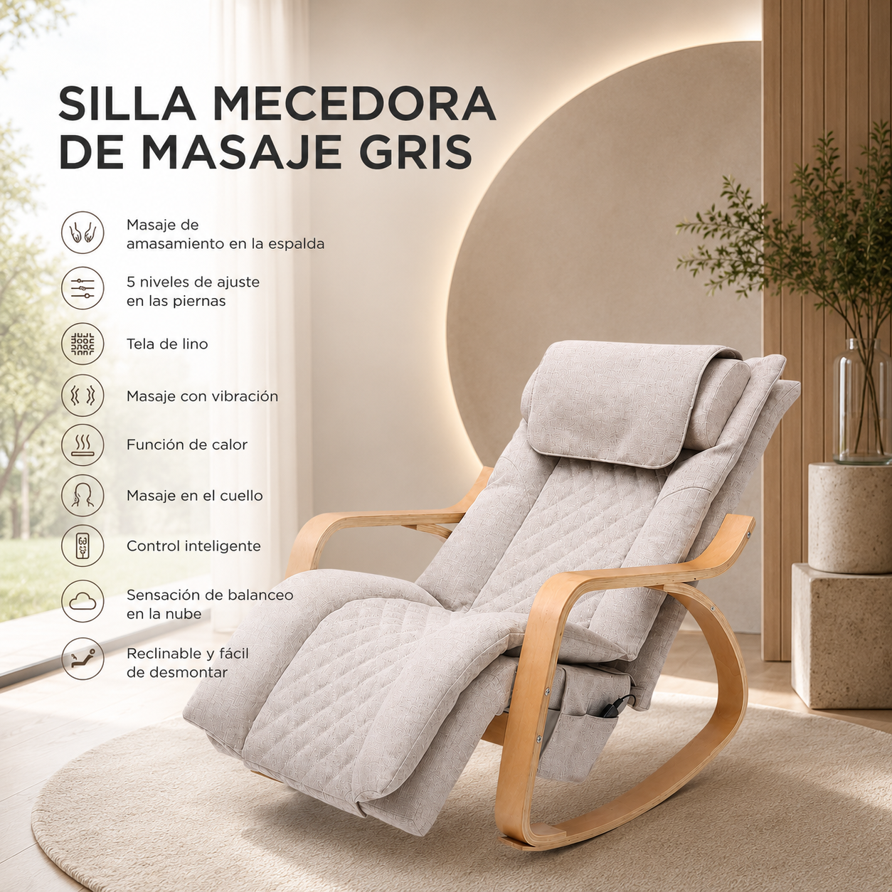 Mecedora de masaje eléctrico estilo escandinavo Haydee — lino beige, madera natural, control inteligente.