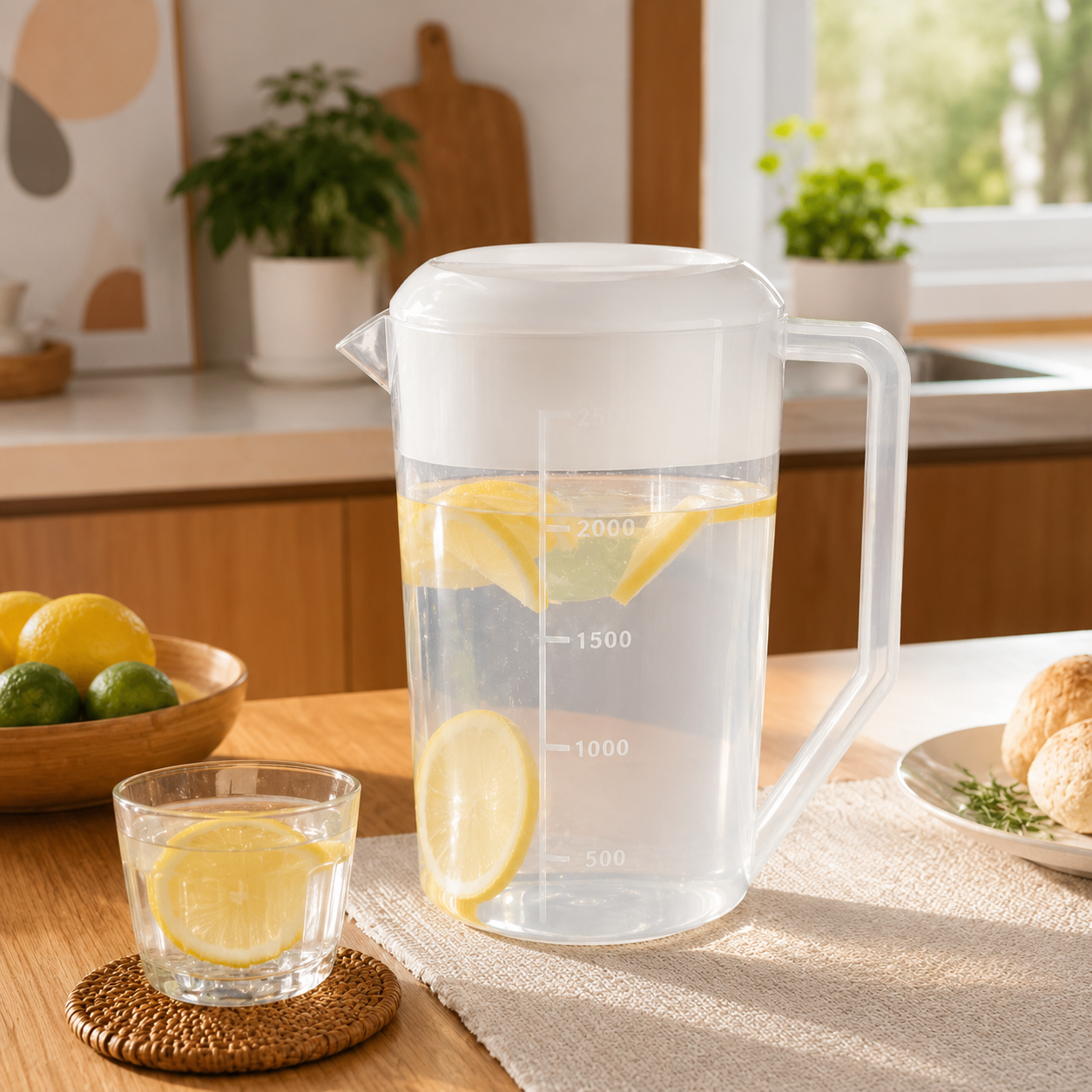 Jarra medidora de plástico con tapa y escala Myriam — 2000 ml o 2500 ml, transparente