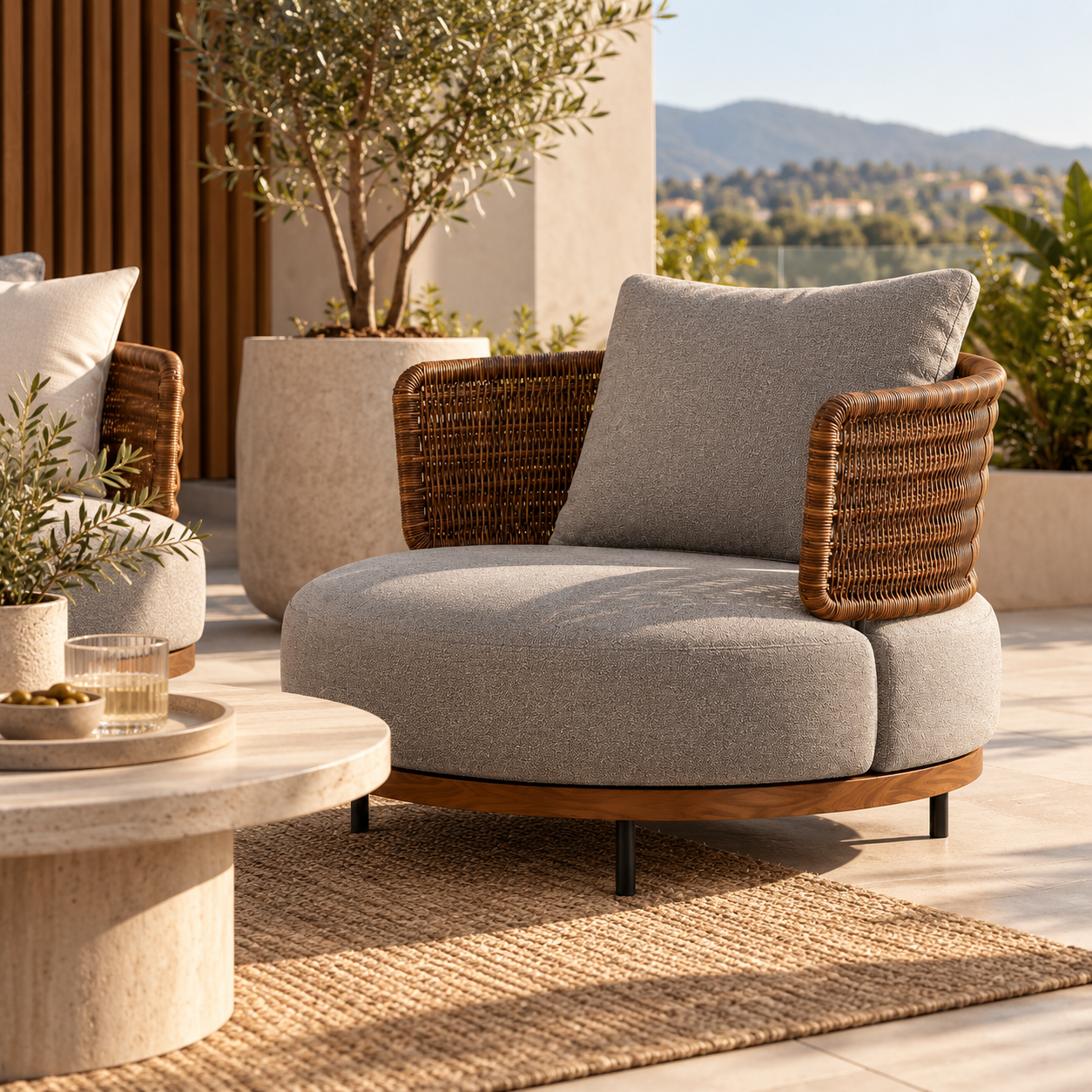 Sillón Individual de Exterior con Cojines y Brazos Trenzados – Coleccion Vianey | Gris | CASA PUNTO
