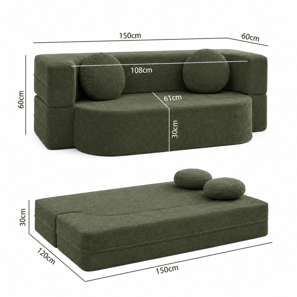 Sofá Cama Vixe 2 Plazas Con Cojines – Tapizado Bouclé, Sin Patas, 2 Colores