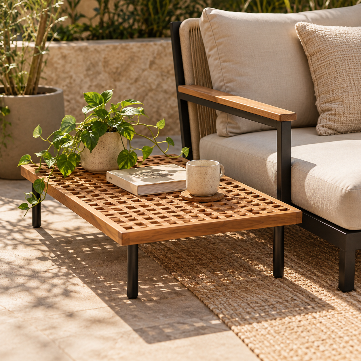 Mesa Auxiliar Rectangular Para Exterior con Cubierta de Rejilla Coleccion, Clash/Vianey | Café y Negro | CASA PUNTO