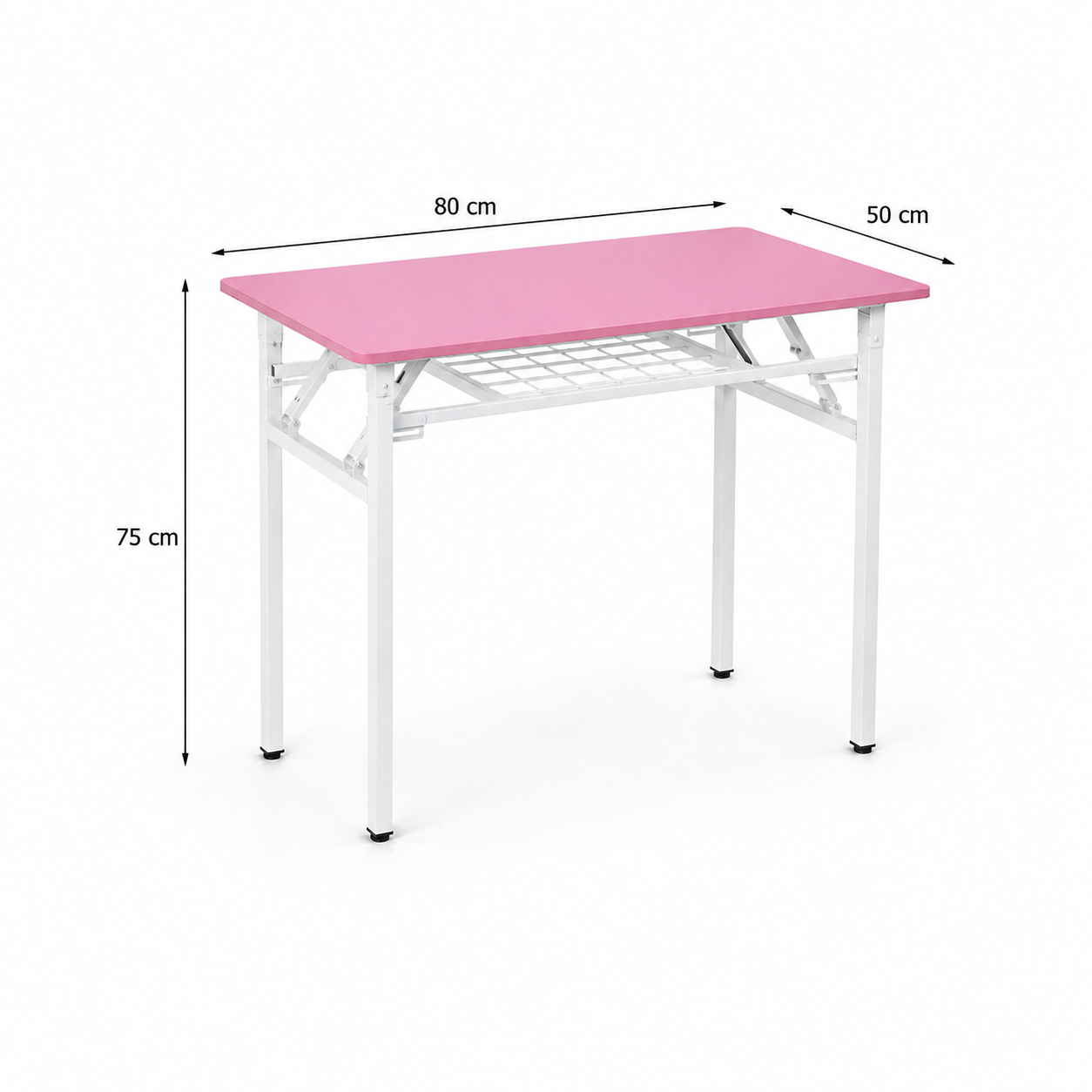 Mesa Plegable Con Repisa Inferior Stella – Tablero MDF Rosa, Estructura Blanca, 3 Tamaños