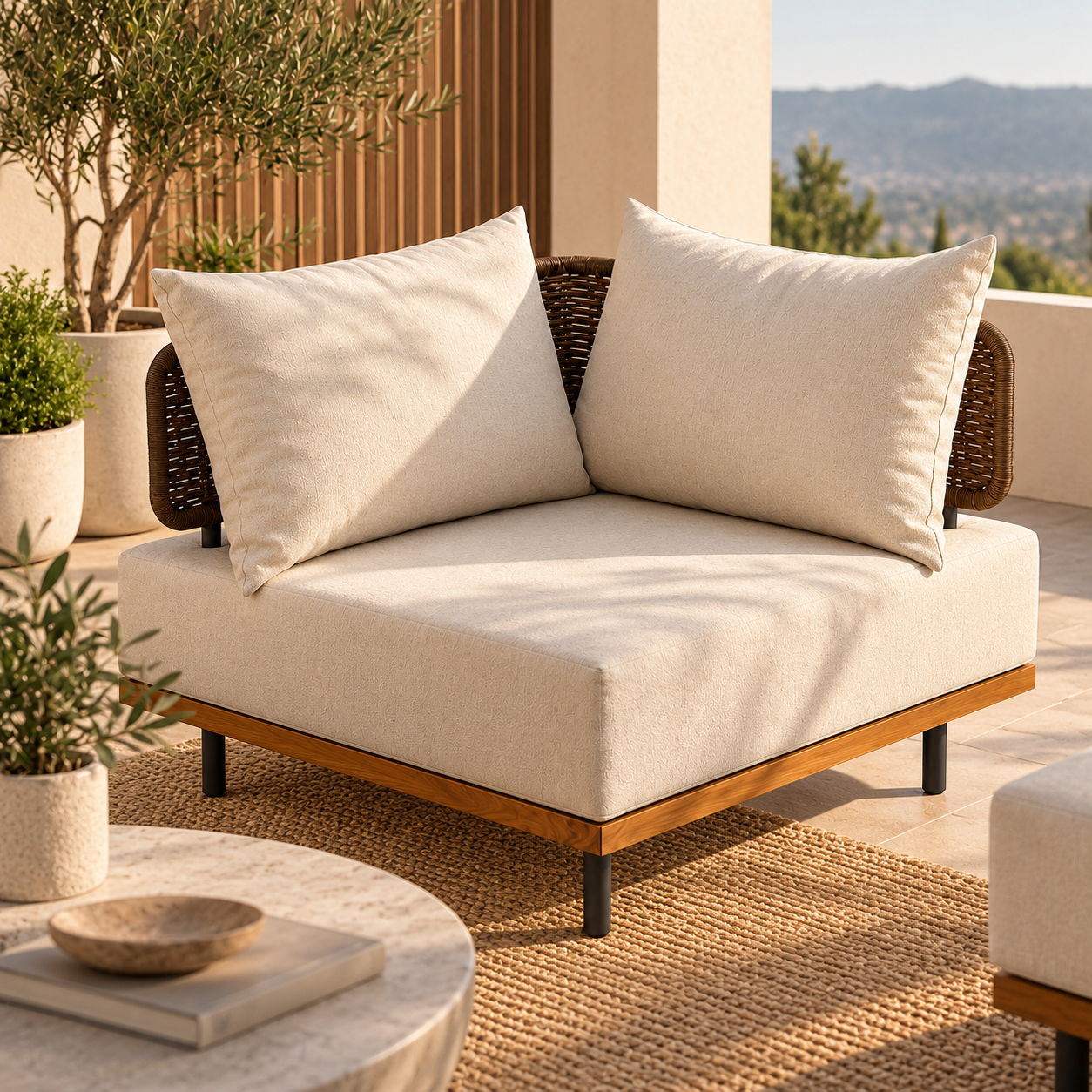 Sillón Esquinero Modular con Asiento Acolchado y Dos Cojines - Coleccion Clash | Beige y Café | CASA PUNTO
