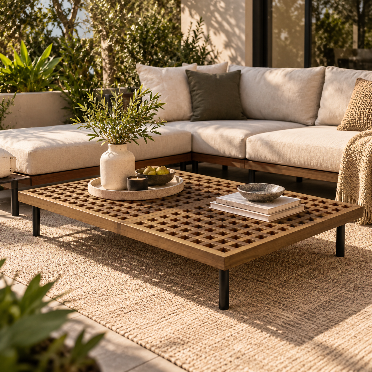 Mesa de Centro Rectangular para Exterior, 160 x 80 cm, Cubierta de Rejilla, Coleccion Clash/Vianey  | Café y Negro | CASA PUNTO