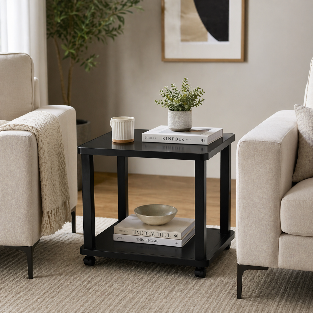 Mesa Auxiliar De 2 Niveles Tui – Vidrio Templado Negro, 4 Ruedas Giratorias, 60x40x50 cm