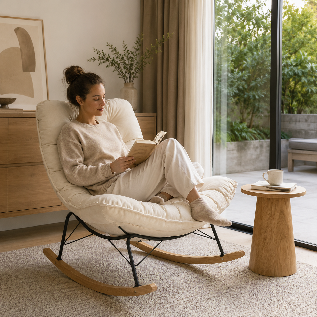 Mecedora individual con puf a juego Imelda — acolchado tufted beige, estilo nórdico moderno.
