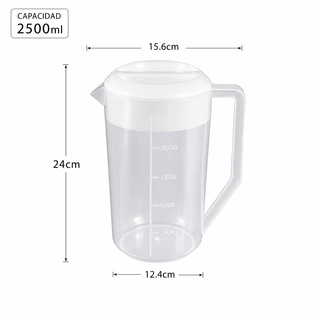 Jarra medidora de plástico con tapa y escala Myriam — 2000 ml o 2500 ml, transparente