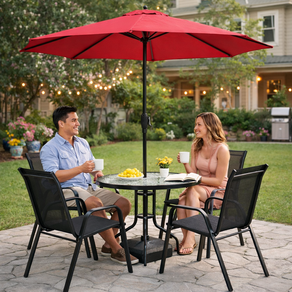 Conjunto de muebles de jardín estilo Cuba con sombrilla - Mesa y sillas de exterior estilo café con sombrilla