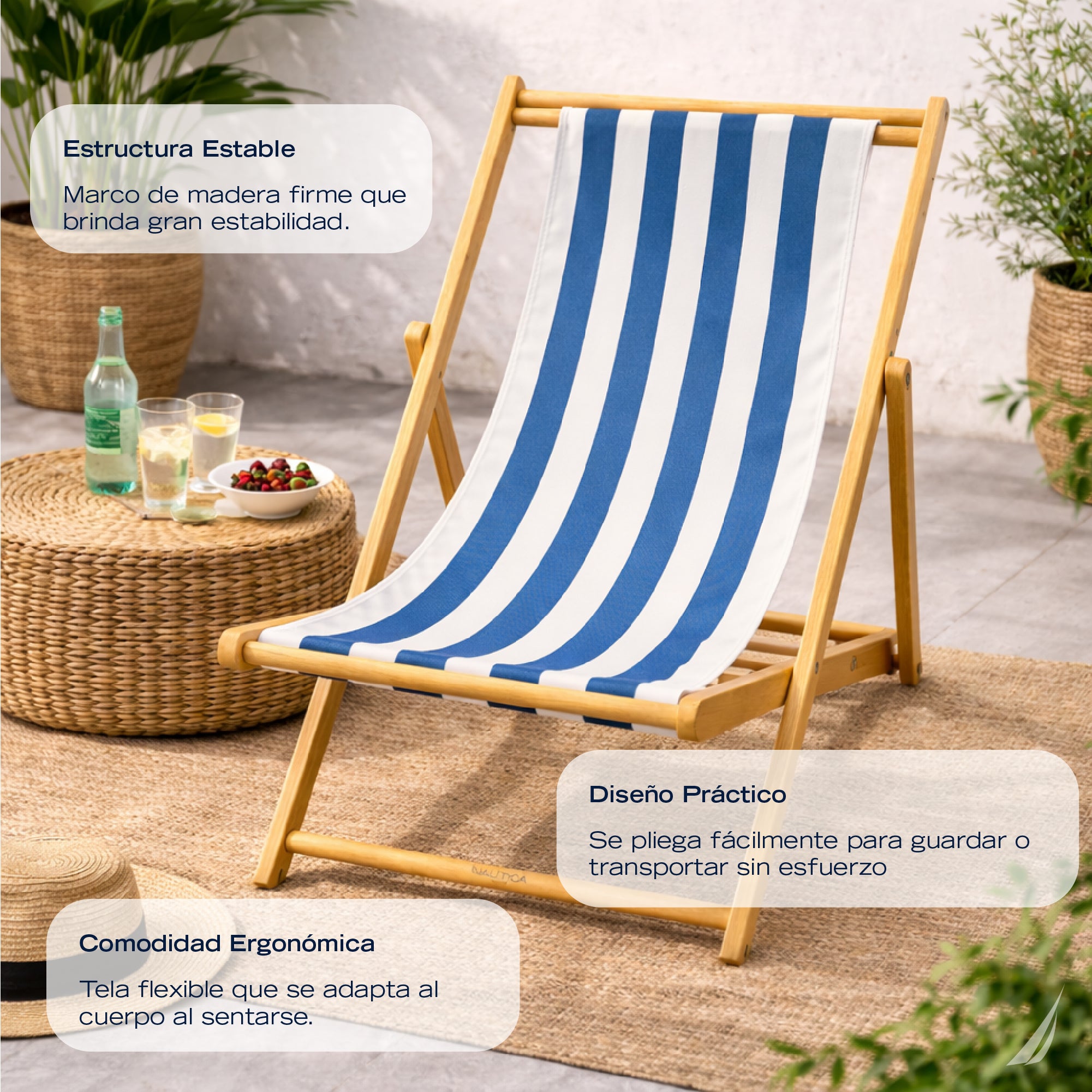 Silla Plegable Playa Madera Nautica Rayas Jardin Terraza