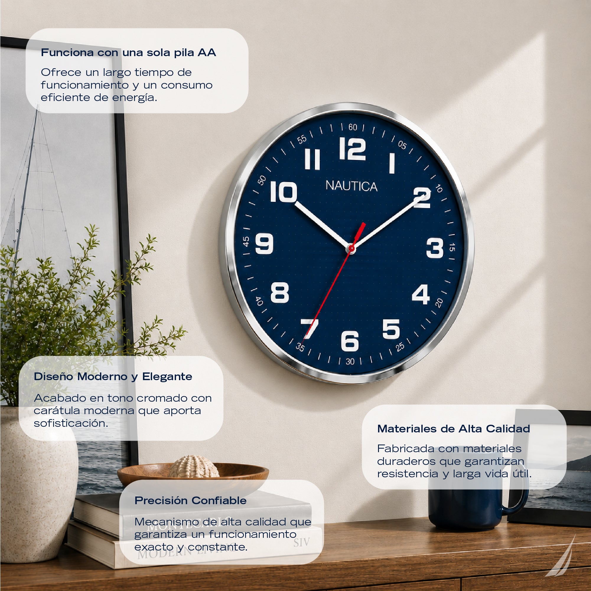 Reloj Pared Nautica Madera Elegante Decorativo Silencioso