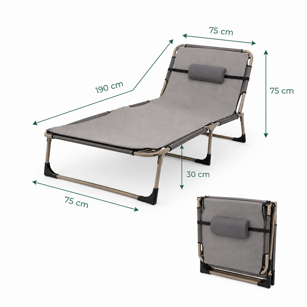 Camastro Reclinable Plegable Ayea – Malla Gris Claro, Estructura Metálica, Almohada Incluida