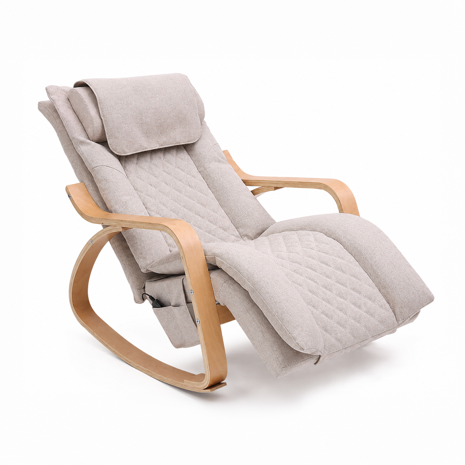 Mecedora de masaje eléctrico estilo escandinavo Haydee — lino beige, madera natural, control inteligente.