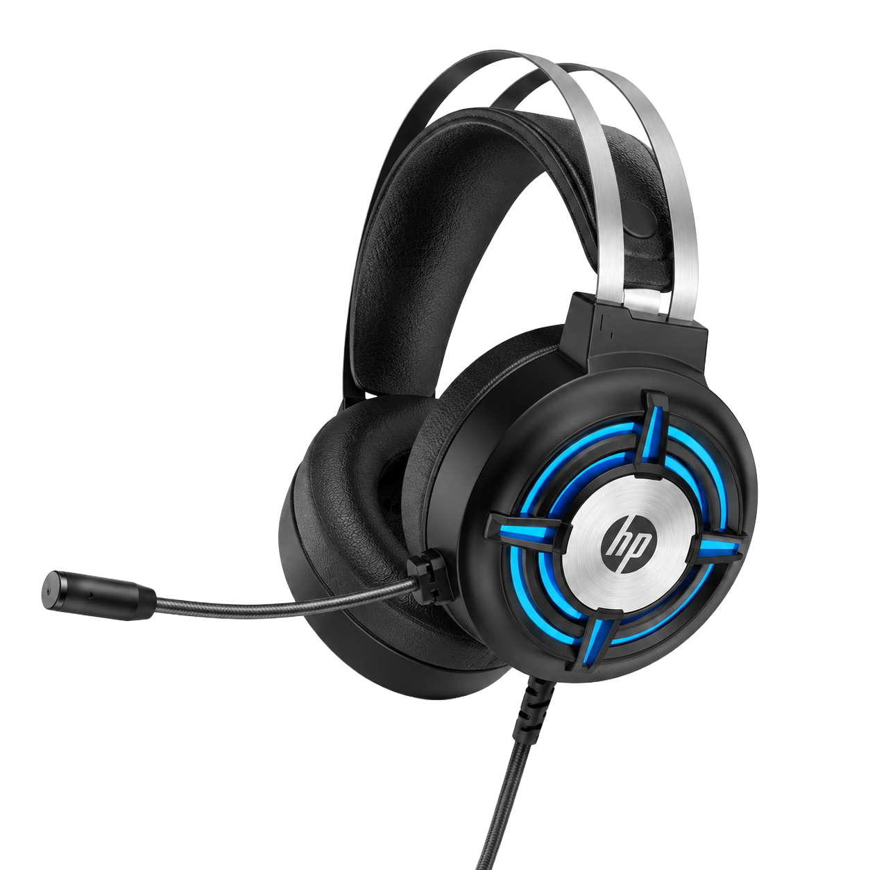 HP H120 Auriculares Gaming Over-Ear con Cable – Doble Jack 3.5mm (Audio + Micrófono), LED Azul Radial, Boom Mic Flexible | Negro