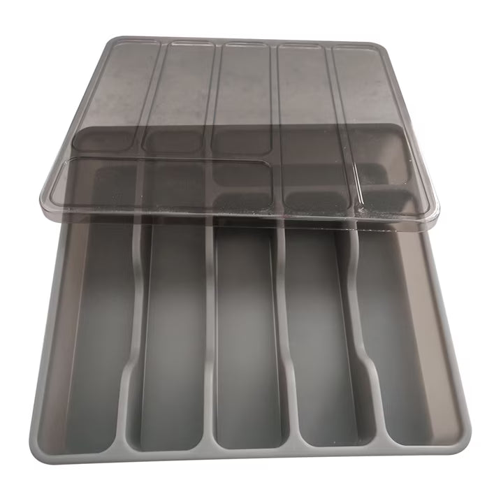 Organizador de cubiertos con tapa Romina — 5 compartimentos, plástico gris, para cajón o mesa