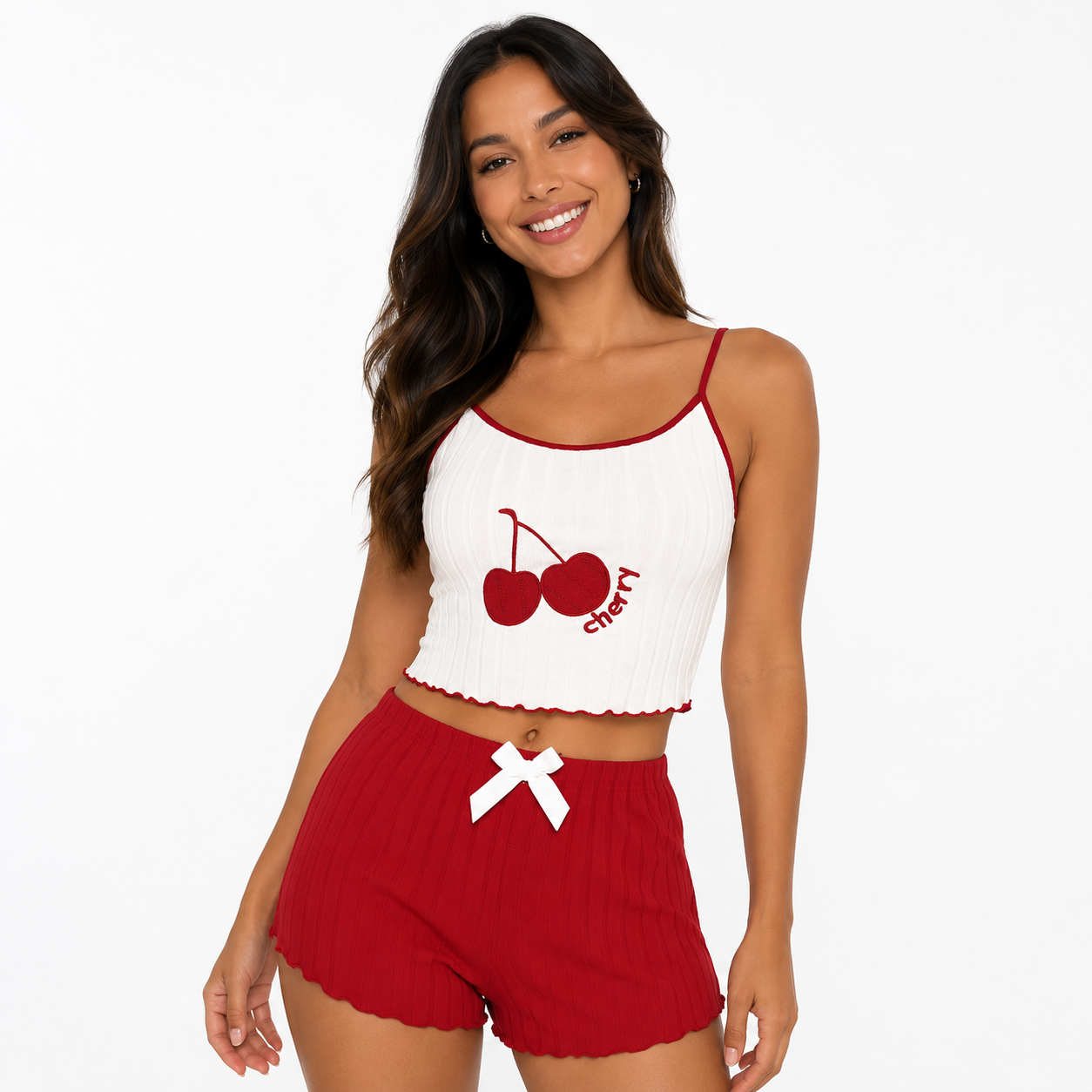 Conjunto pijama mujer 2 piezas Cherry — top camisola y shorts estilo coquette