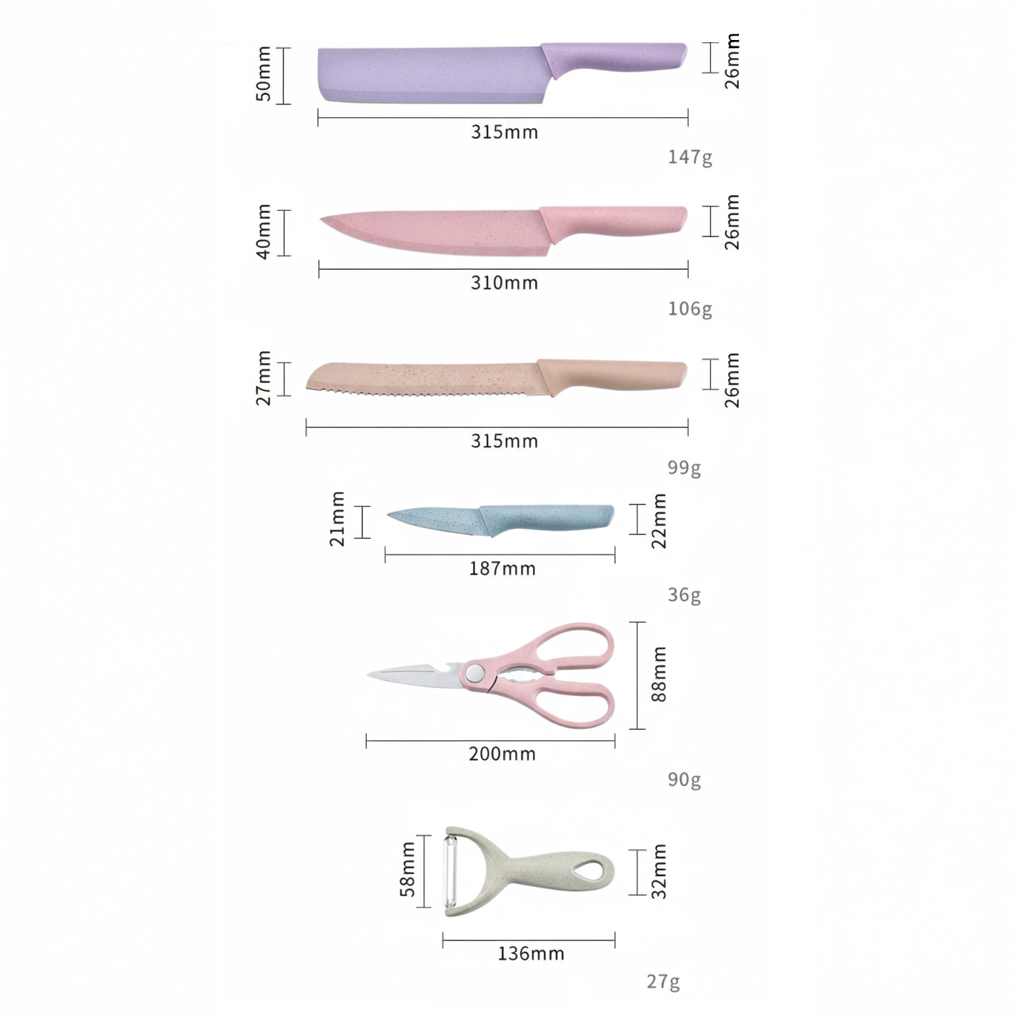 Juego de cuchillos de paja de trigo Turbo de 6 piezas, coloridos con afilador y estuche