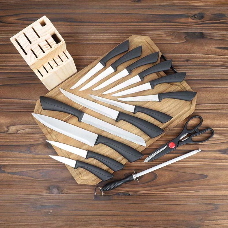 Juego de cuchillos Carver de 15 piezas - Acero inoxidable con bloque de madera y afilador
