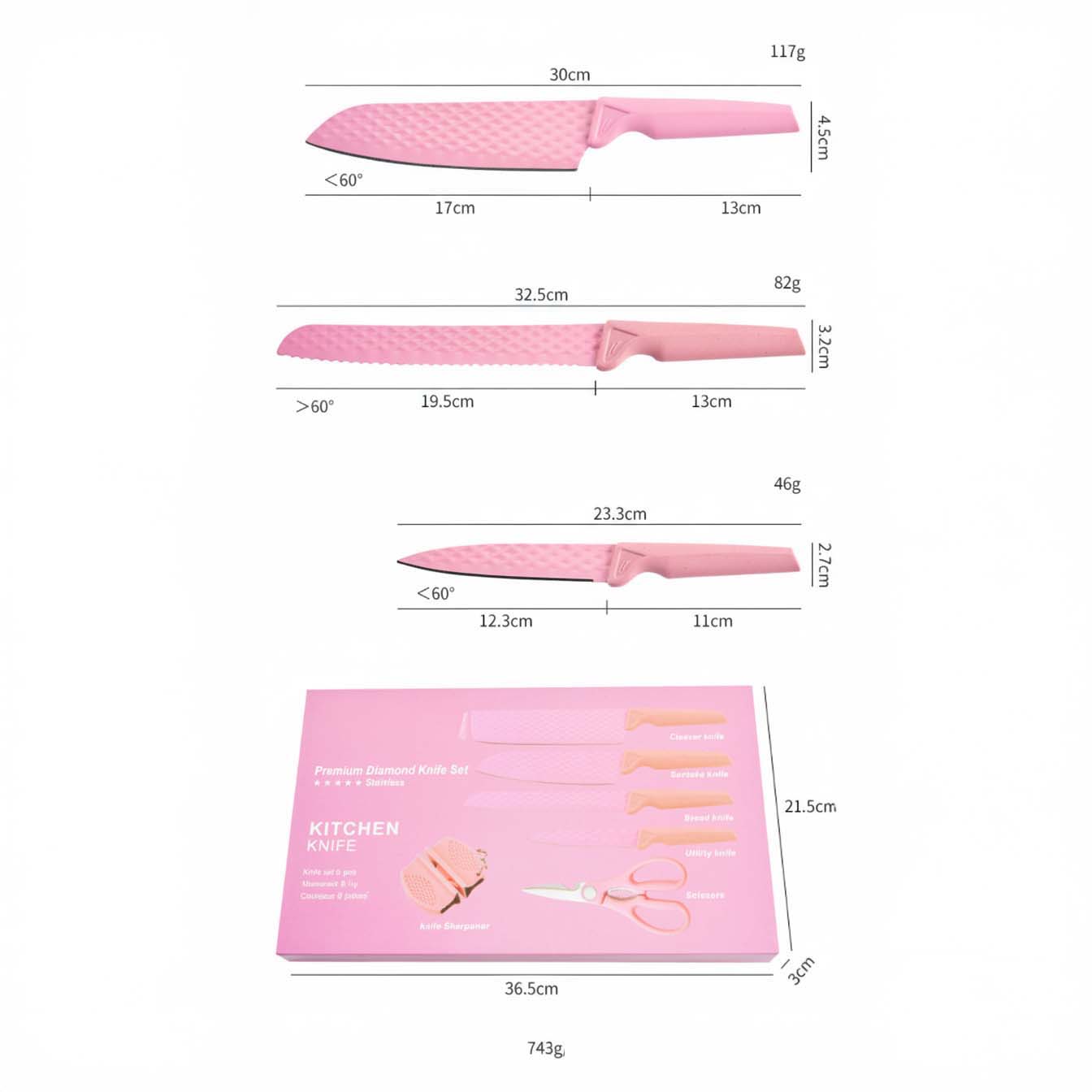 Juego de cuchillos con diseño de diamantes Linda de 6 piezas - Paja de trigo con afilador