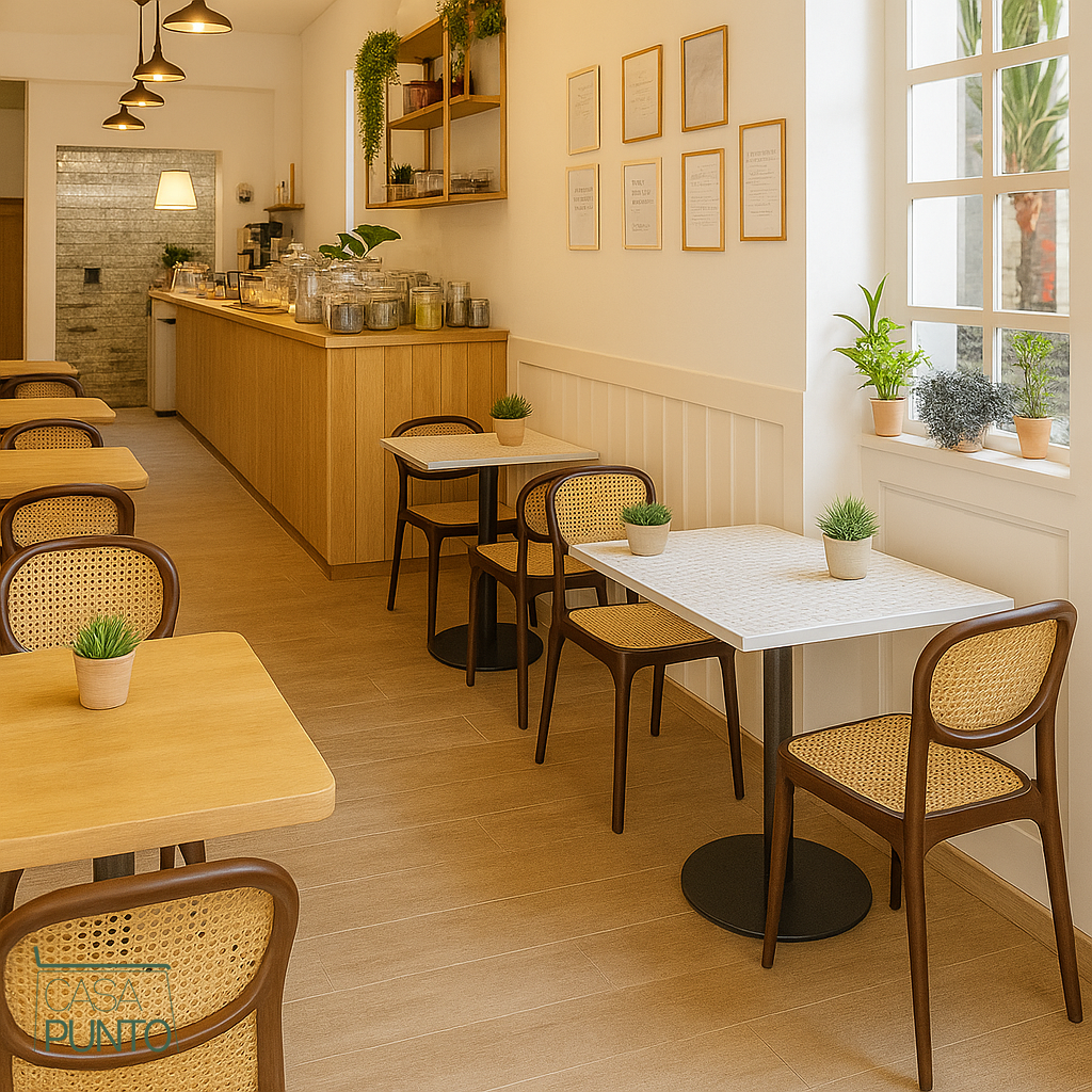 Silla de comedor apilable Dina - Con respaldo de ratán