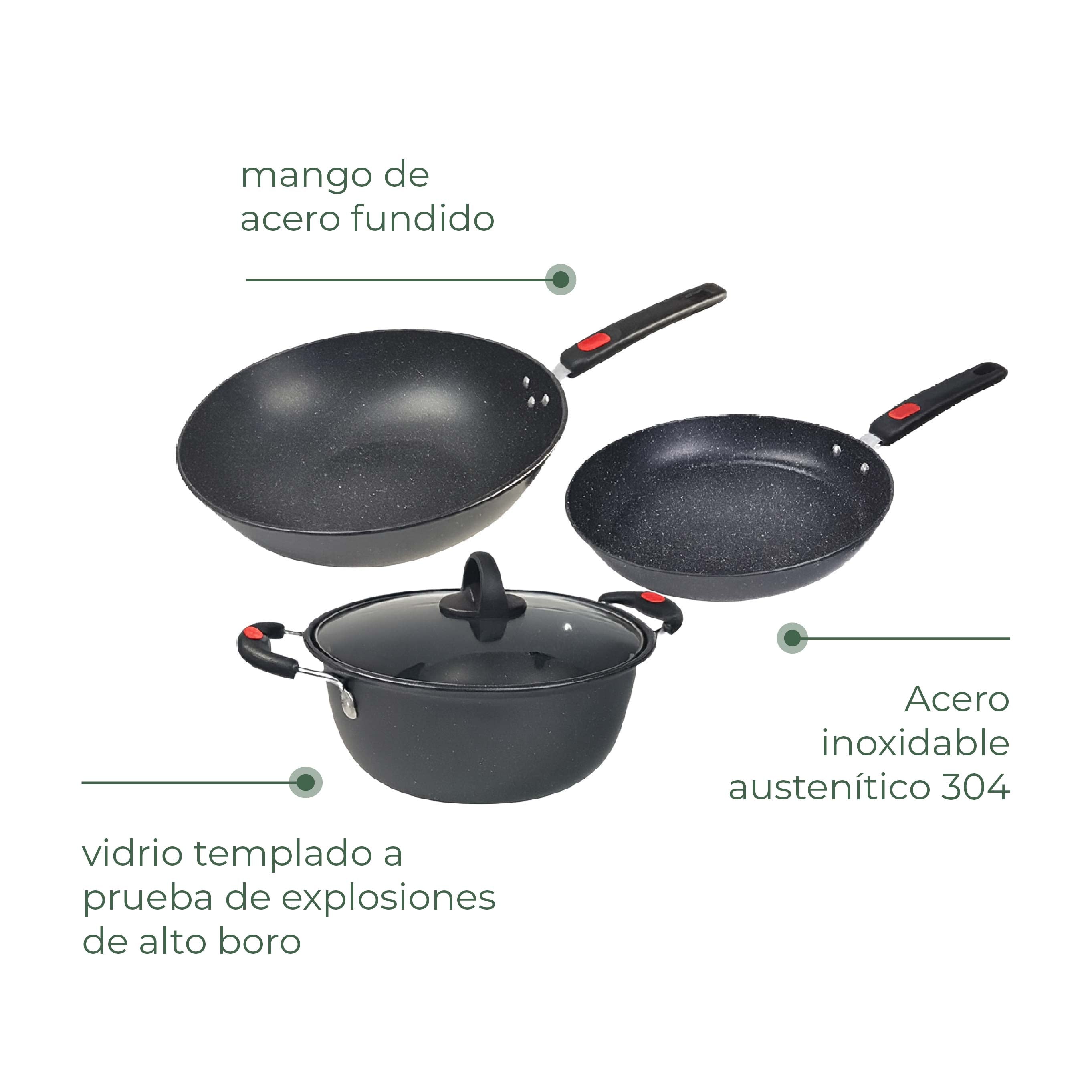 Hermina Juego de utensilios de cocina antiadherentes Maifan Stone de 3 piezas