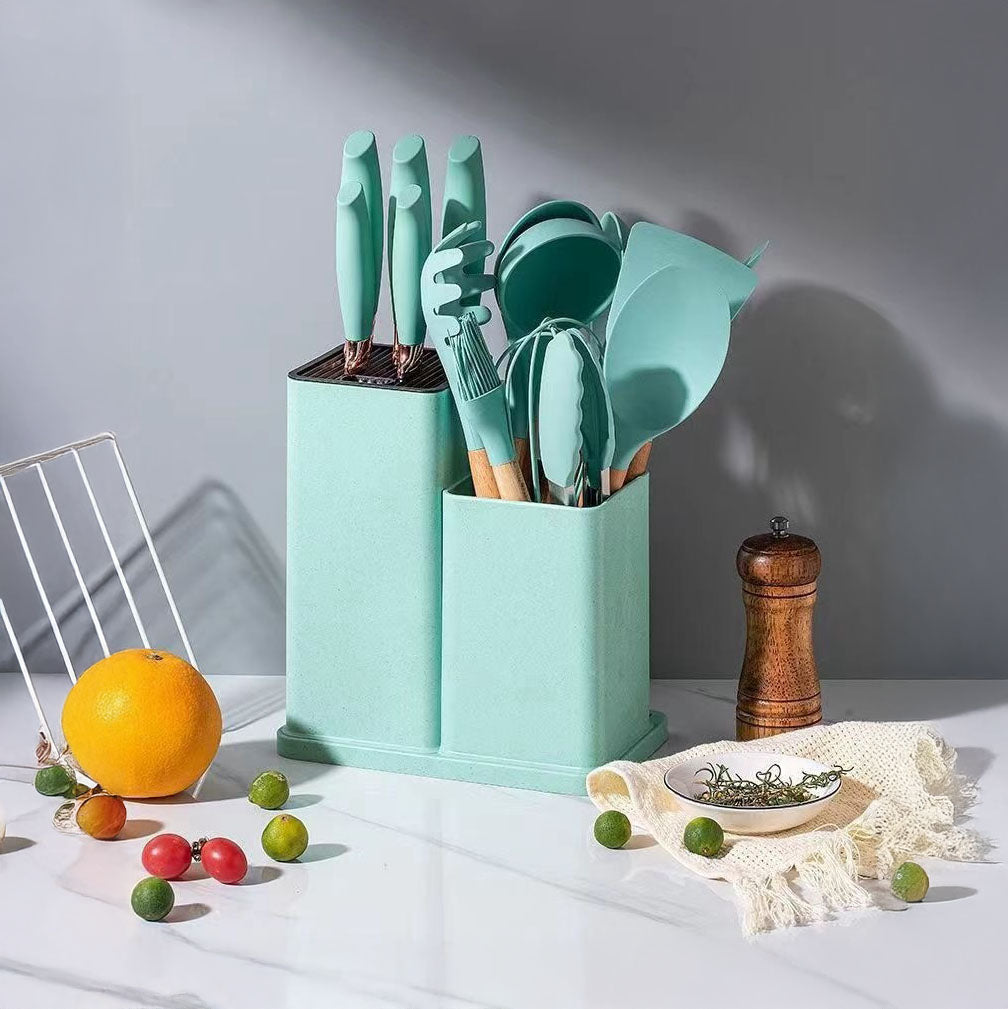 Juego de cuchillos y utensilios de cocina Carly de 19 piezas - Antiadherente con bloque de madera