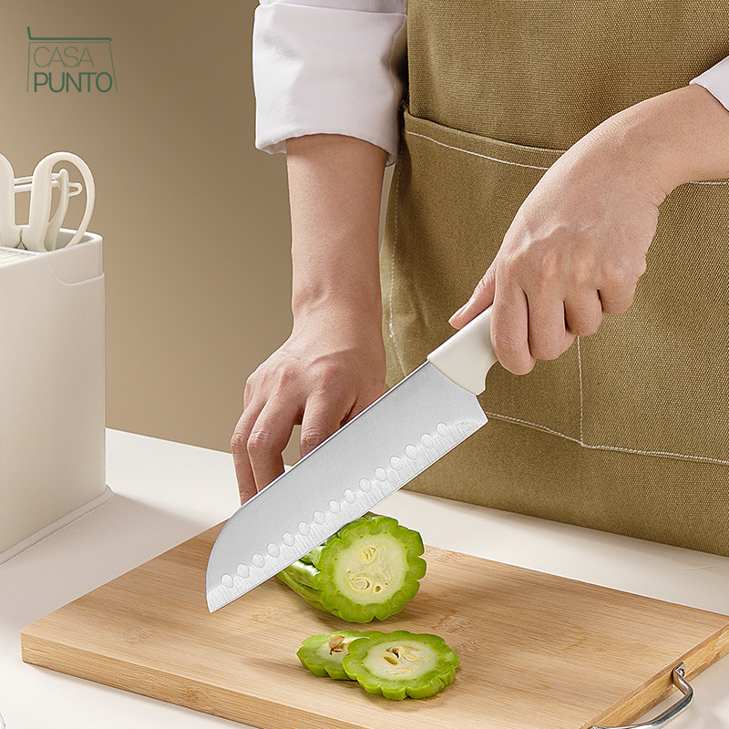 Juego de cuchillos de cocina Cummings de 7 piezas, color blanco crema con organizador de bloques de madera