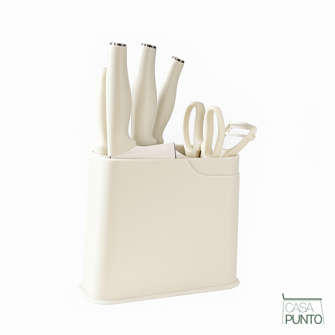 Juego de cuchillos de cocina Cummings de 7 piezas, color blanco crema con organizador de bloques de madera