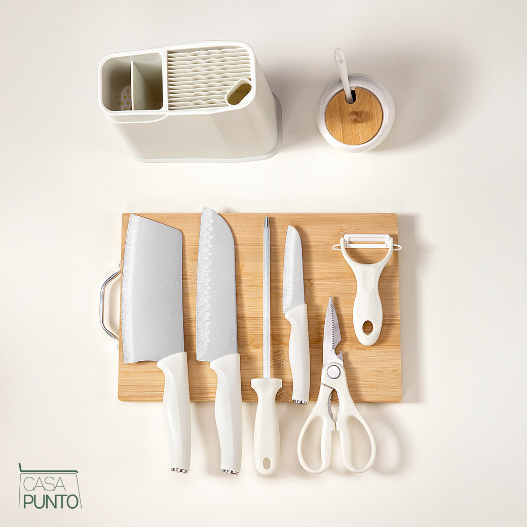Juego de cuchillos de cocina Cummings de 7 piezas, color blanco crema con organizador de bloques de madera