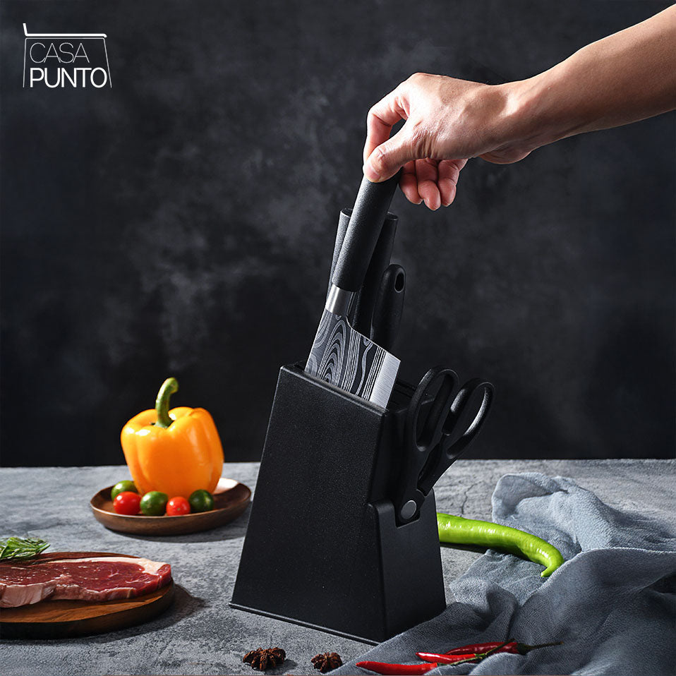 Juego de cuchillos con diseño de Damasco Yomo de 6 piezas, acero profesional con bloque de madera