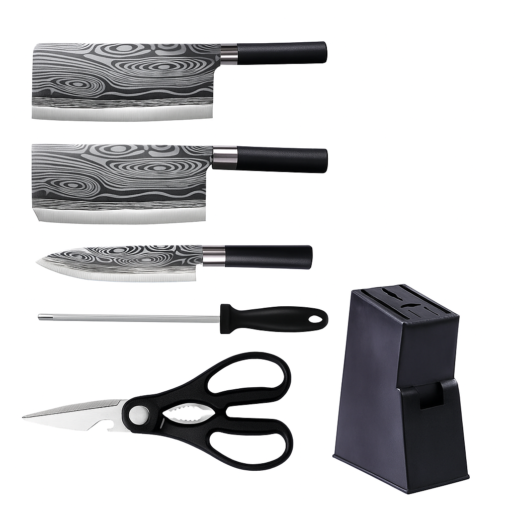 Juego de cuchillos con diseño de Damasco Yomo de 6 piezas, acero profesional con bloque de madera