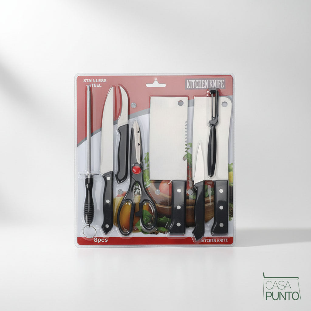 Juego de cuchillos profesionales Goldie de 8 piezas - Triple remache negro con bloque de madera