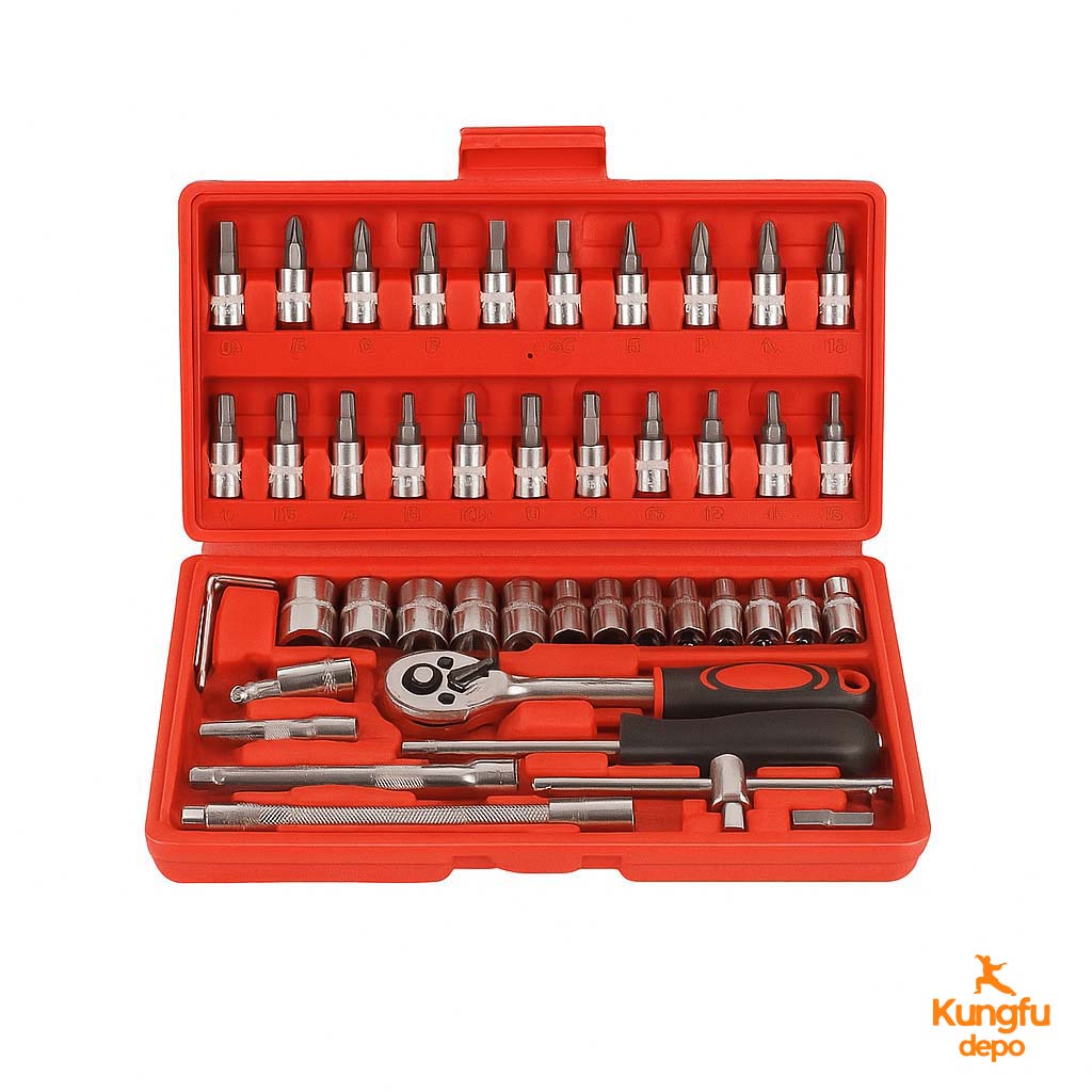 Kit de herramientas Chris de 46 piezas con llave de tubo y trinquete - Juego de acero al carbono