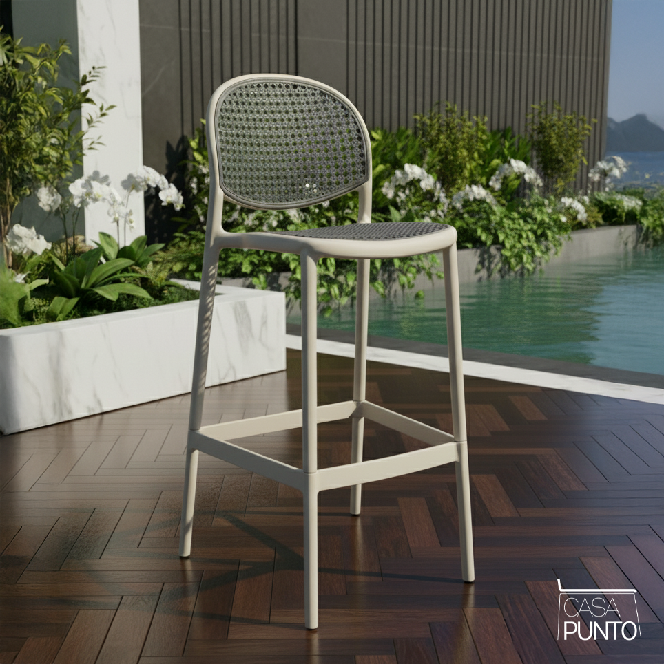 Taburete de bar Hedda con respaldo de ratán sintético - Trona estilo bistró