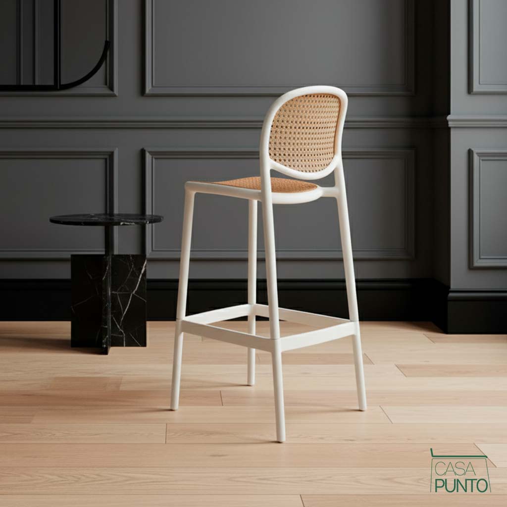 Taburete de bar Hedda con respaldo de ratán sintético - Trona estilo bistró