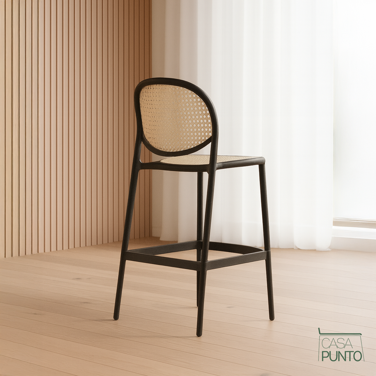 Taburete de bar Hedda con respaldo de ratán sintético - Trona estilo bistró