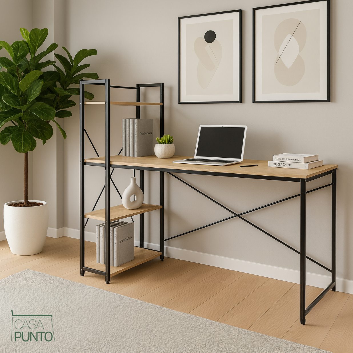 Escritorio industrial Edgar con estantes - Estación de trabajo en negro y roble