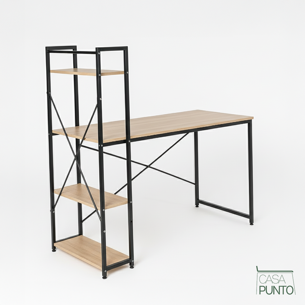 Escritorio industrial Edgar con estantes - Estación de trabajo en negro y roble