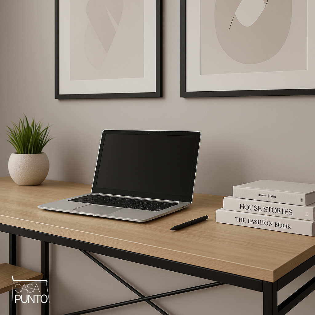 Escritorio industrial Edgar con estantes - Estación de trabajo en negro y roble