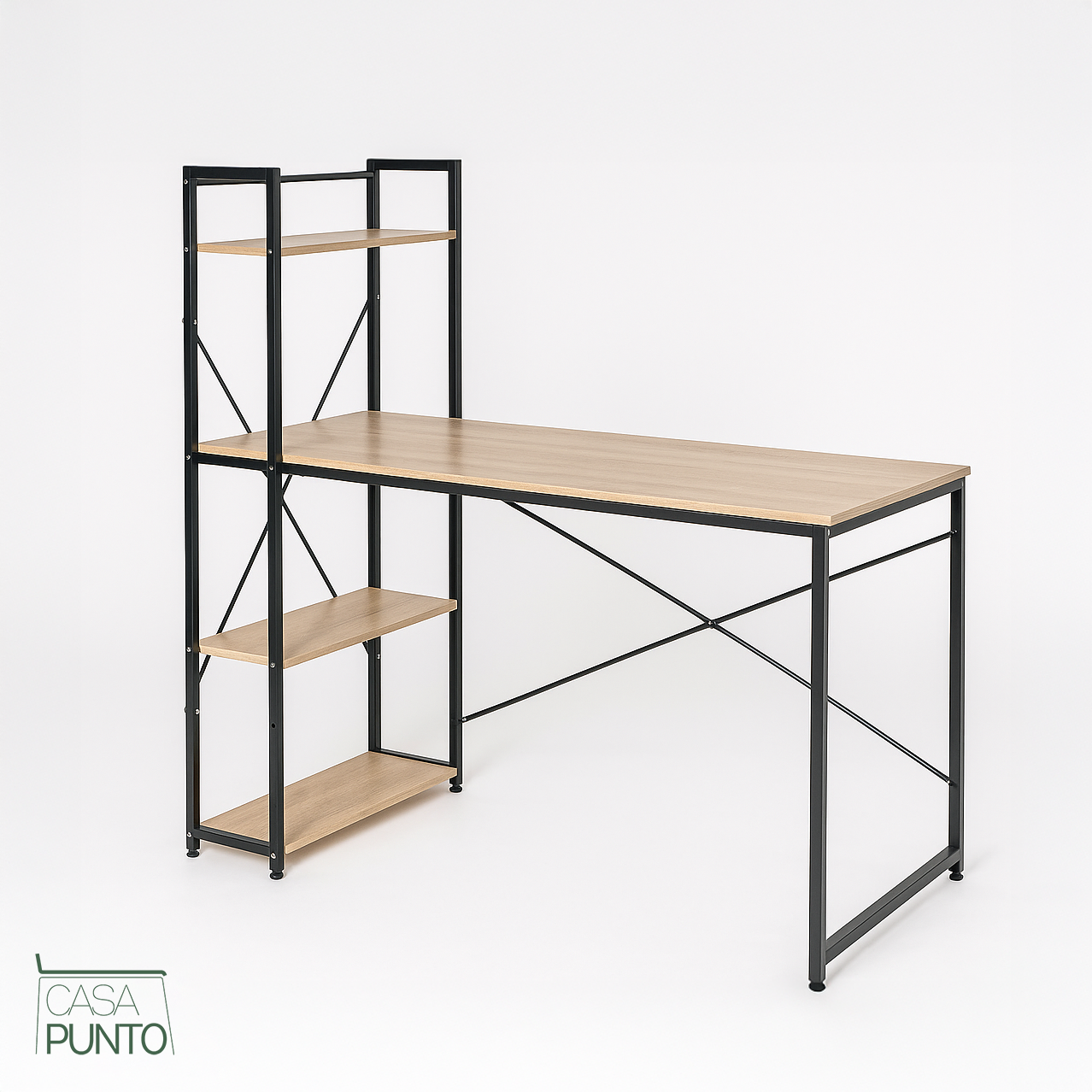 Escritorio industrial Edgar con estantes - Estación de trabajo en negro y roble
