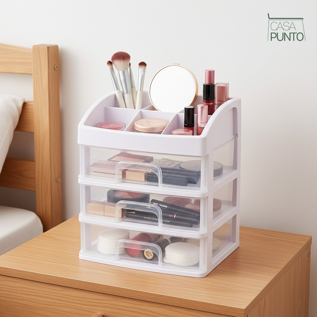 Organizador de maquillaje Vigi de 3 cajones - Almacenamiento de escritorio blanco translúcido