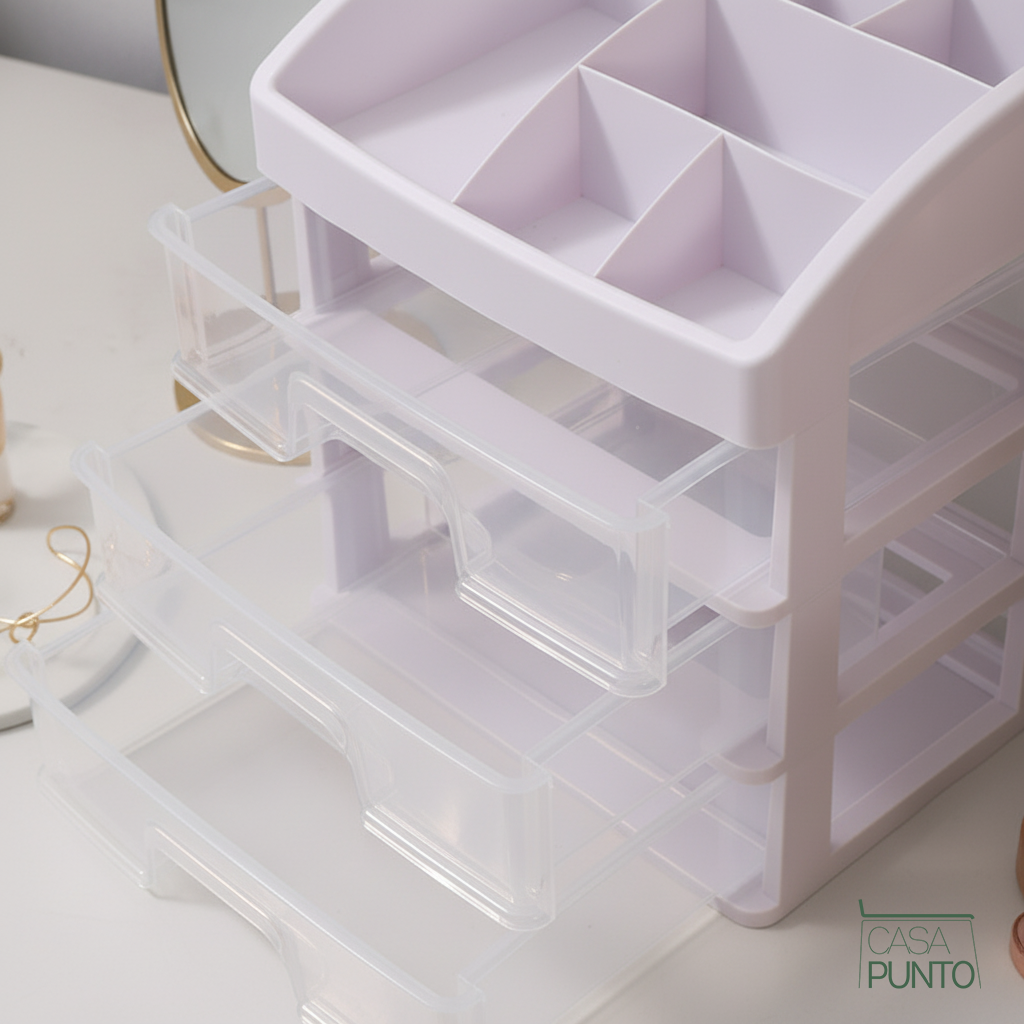Organizador de maquillaje Vigi de 3 cajones - Almacenamiento de escritorio blanco translúcido