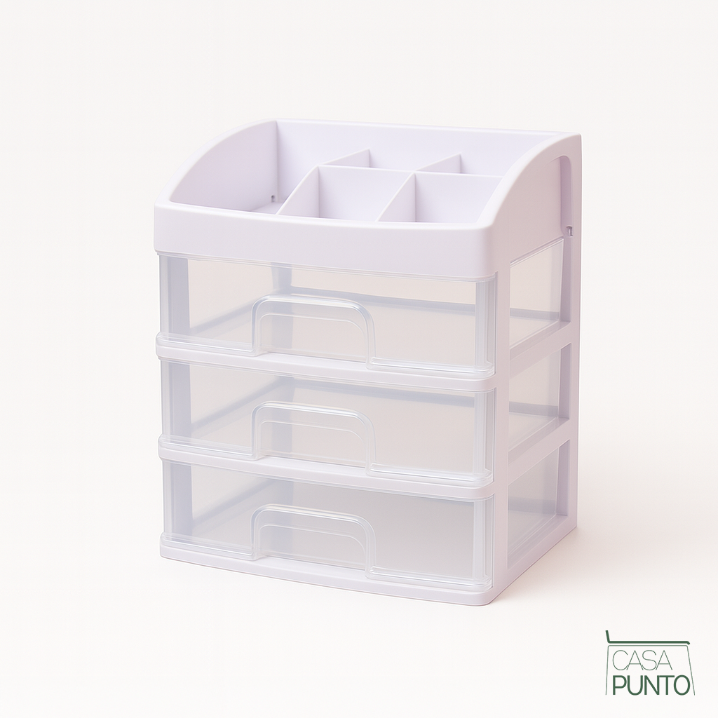 Organizador de maquillaje Vigi de 3 cajones - Almacenamiento de escritorio blanco translúcido