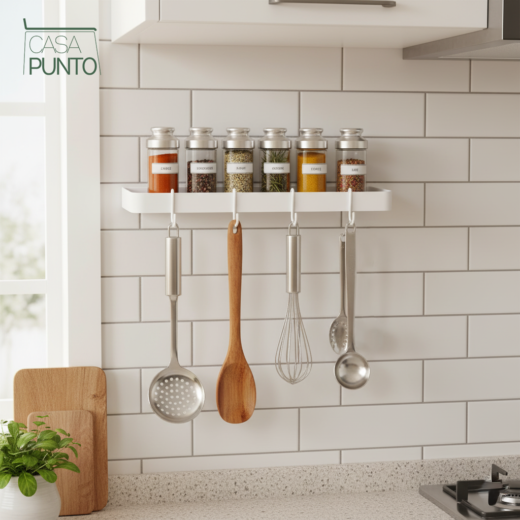 Estante de pared de cocina Elsa con 4 ganchos - Estante organizador blanco