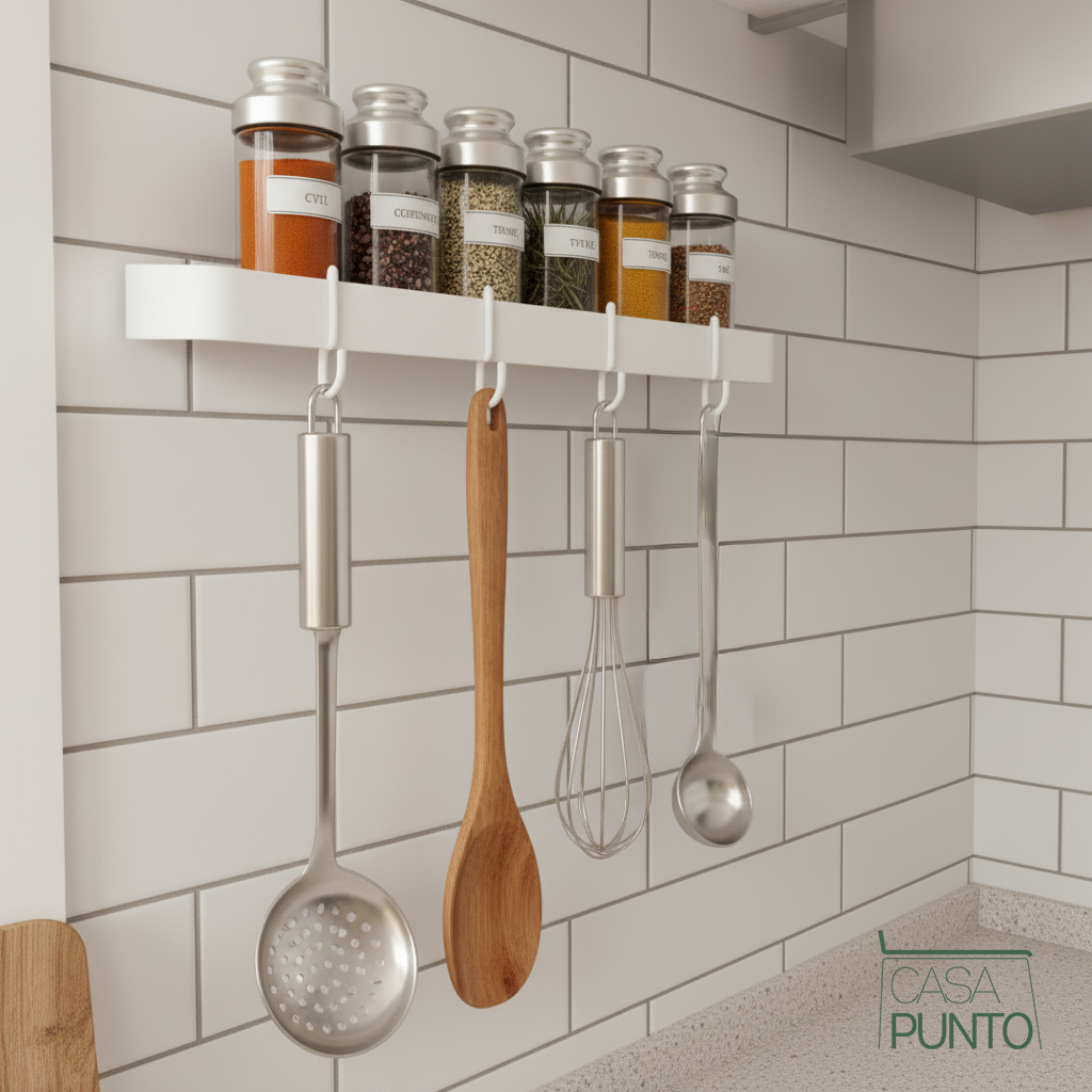Estante de pared de cocina Elsa con 4 ganchos - Estante organizador blanco