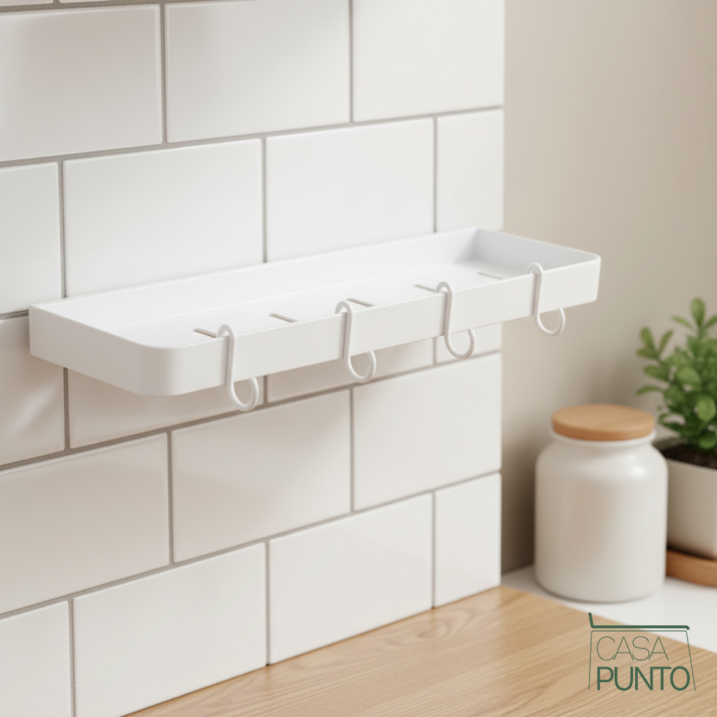 Estante de pared de cocina Elsa con 4 ganchos - Estante organizador blanco
