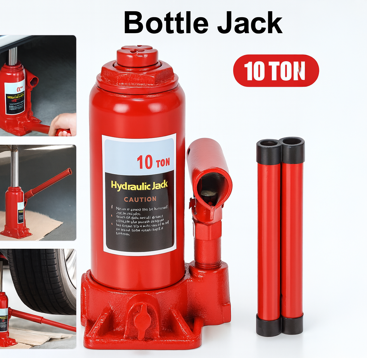 Gato hidráulico de botella Hugo de 10 toneladas - Acero rojo con válvula de seguridad