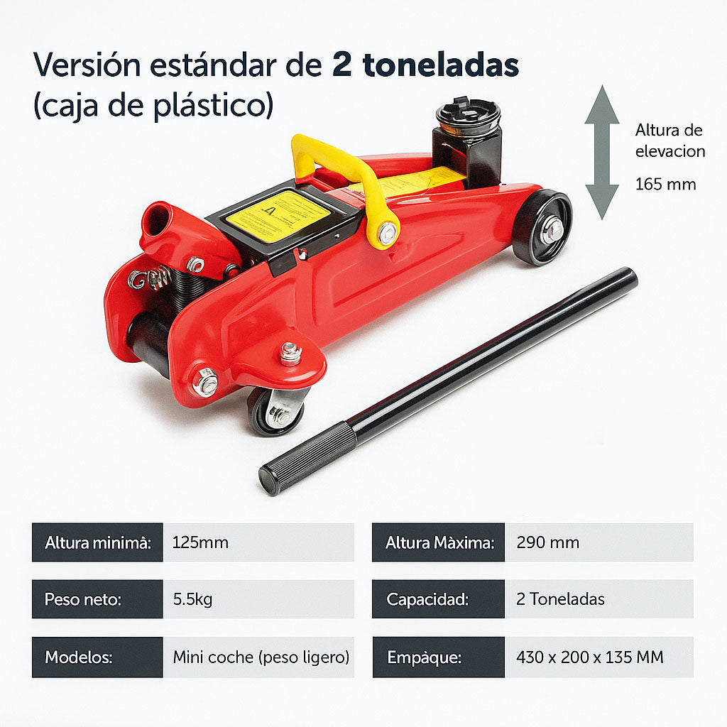 Gato hidráulico de piso Hector de 2 toneladas - Gato de carretilla de acero rojo para automóviles
